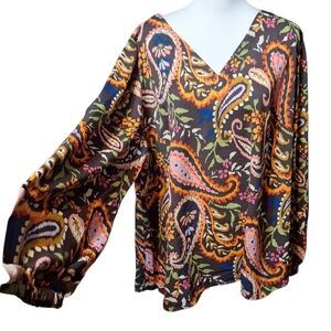 Belle Boho Kim Gravel paisley colorful balloon sleeve chiffon top 2X plus Office